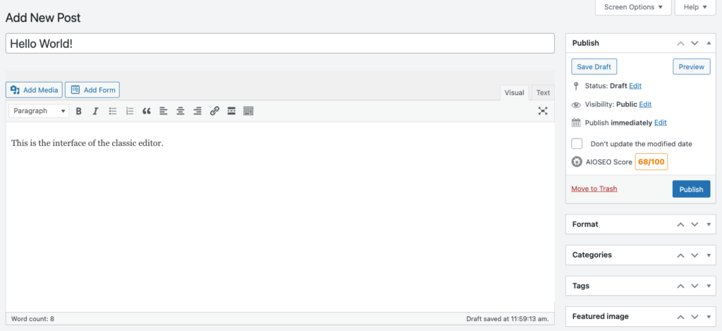 tampilan classic editor wordpress