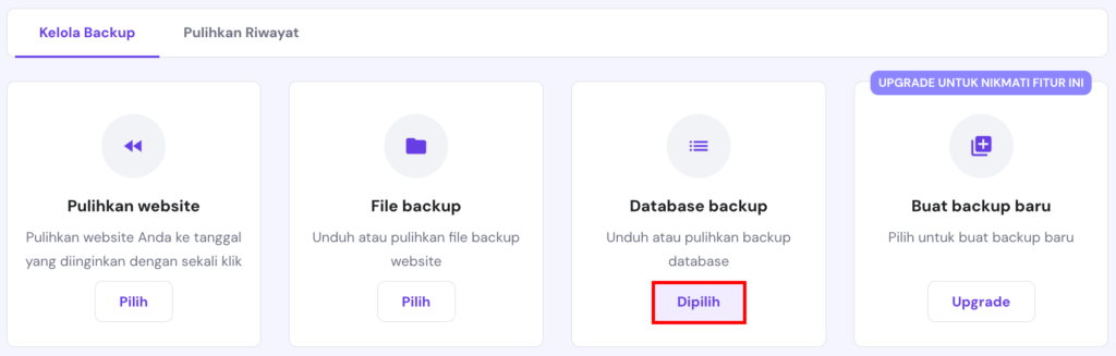 tampilan bagian backup hpanel dengan opsi database backup yang dipilih