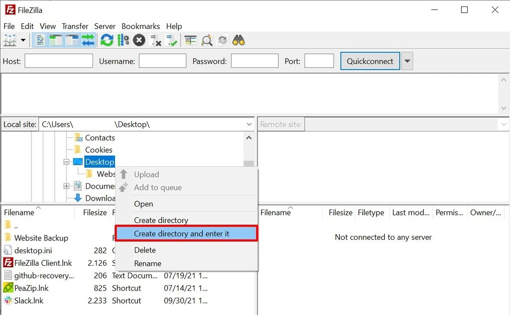 menentukan informasi direktori backup website di filezilla sebelum pindah hosting