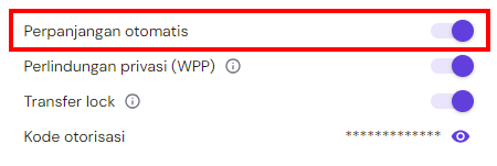 tampilan bagian domain di hpanel menunjukkan perpanjangan otomatis yang diaktifkan