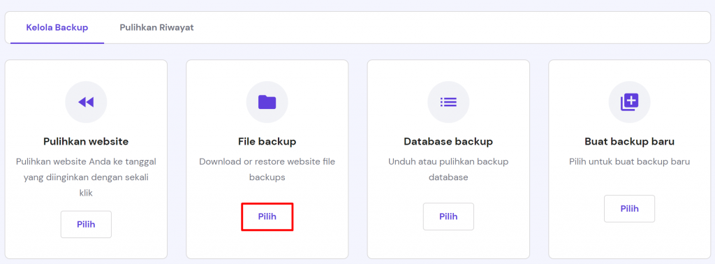 tampilan bagian backup di hpanel dengan opsi pilih yang disorot pada menu file backup