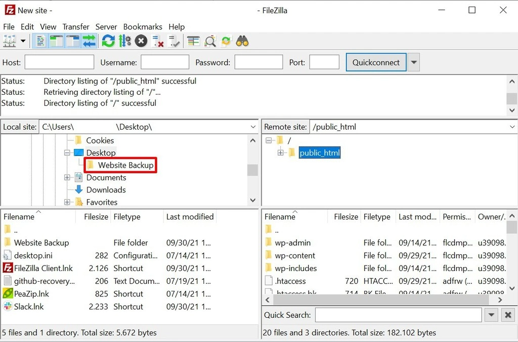 memindahkan folder public_html ke komputer lokal di filezilla