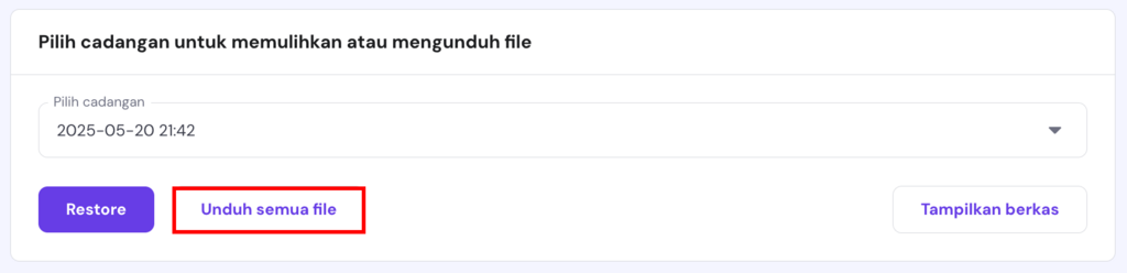 bagian file backup hpanel untuk memilih tanggal dengan tombol unduh semua file yang dipilih