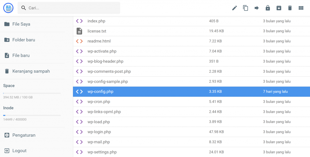 tampilan file manager hostinger dengan file wp-config yang dipilih