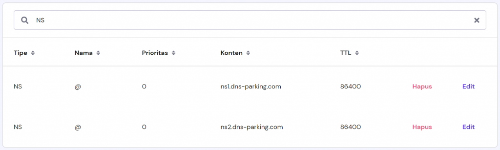 tampilan ns record di dns zone editor hostinger