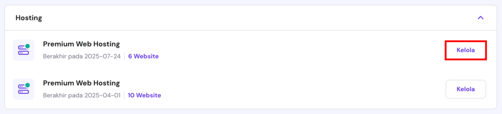 tampilan daftar hosting di hpanel dengan tombol kelola yang dipilih