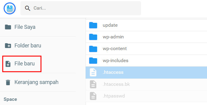 Pilihan untuk membuat file baru di file manager