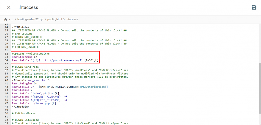File htaccess di File Manager hPanel dengan kode yang telah ditambahkan