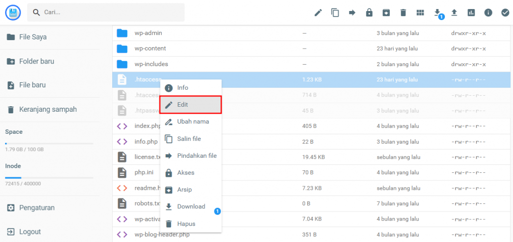 mengedit file htaccess melalui file manager hostinger