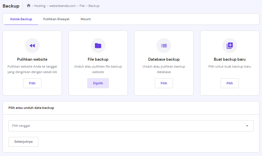 Bagian backup di hPanel, memilih file backup untuk memulihkan website