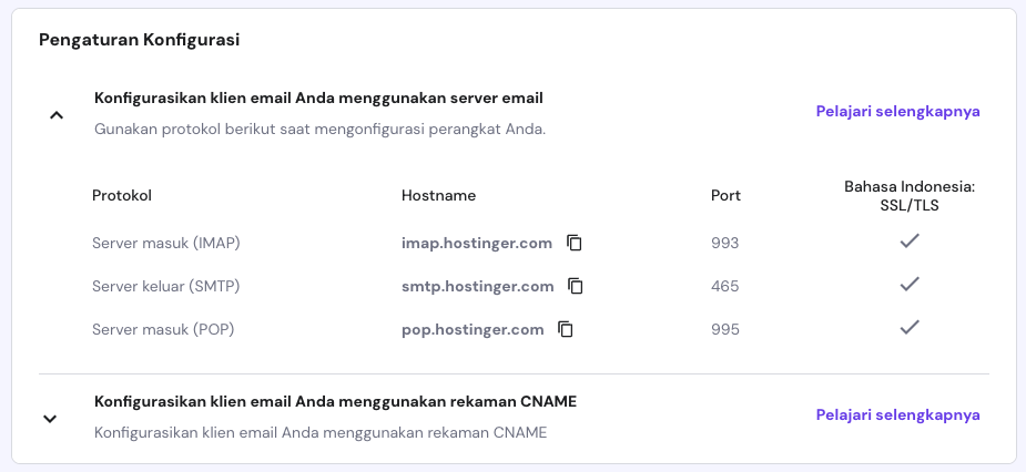 bagian pengaturan konfigurasi email hpanel menampilkan informasi protokol