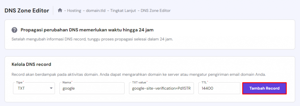 menambahkan record untuk submit url google search console