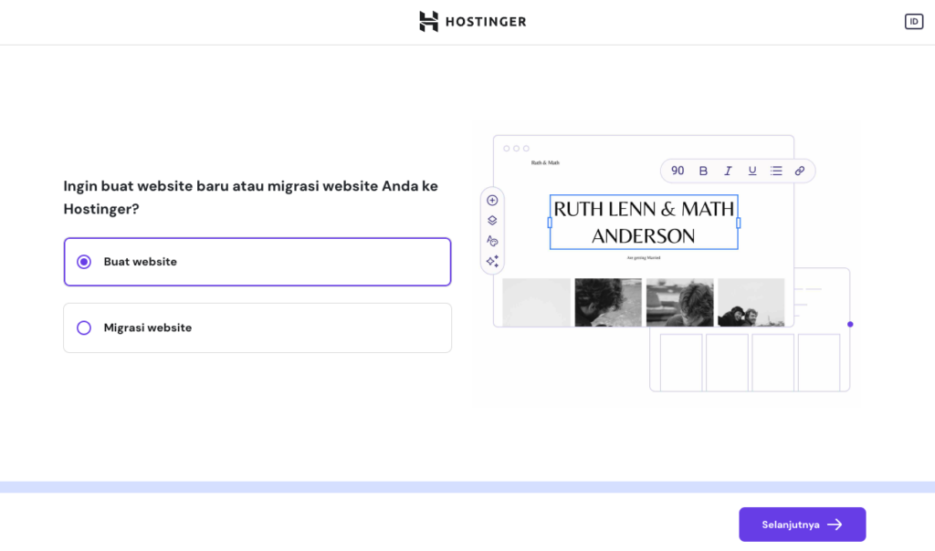 tampilan proses onboarding hostinger dengan opsi buat website yang dipilih