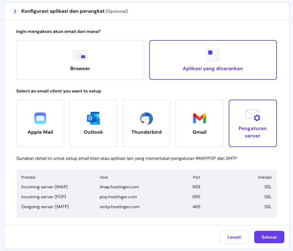 menghubungkan aplikasi mail client pada konfigurasi email hostinger