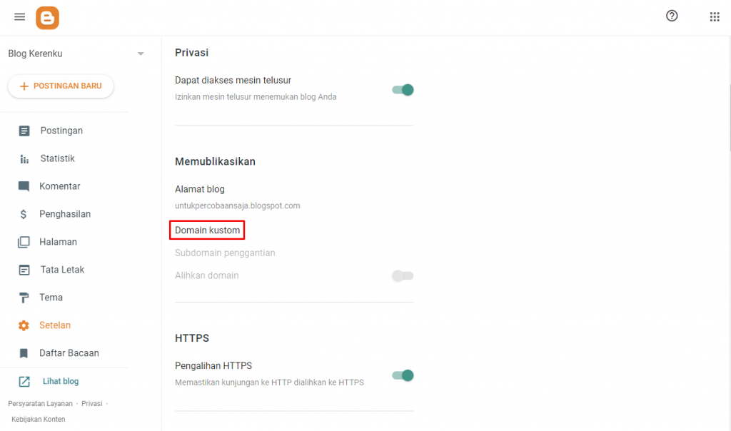 bagian custom domain di pengaturan blogger