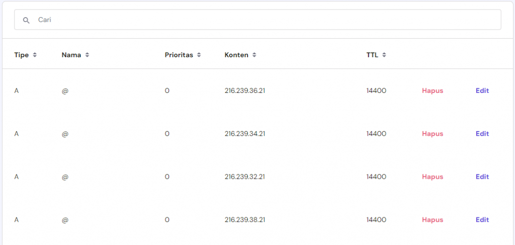 empat record baru yang ditambahkan untuk mengarahkan nama domain ke blogger