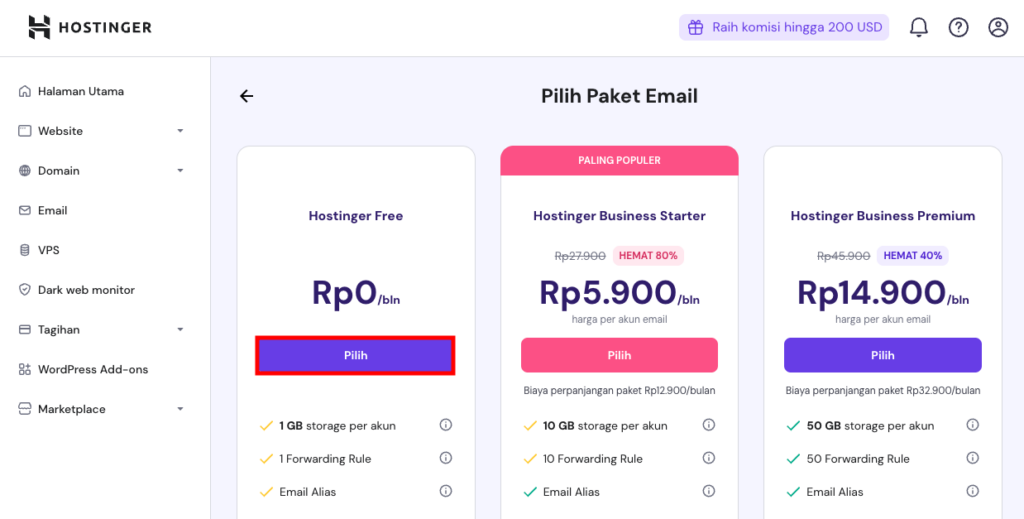memilih paket hostinger free saat menyiapkan email hostinger