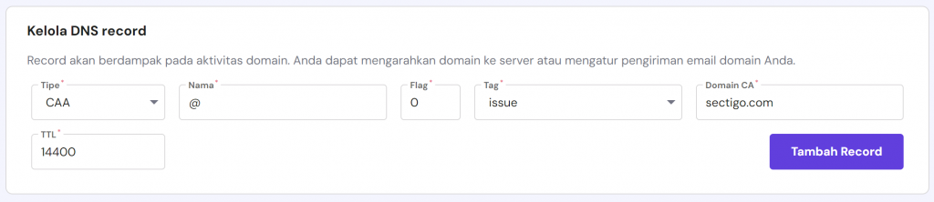 contoh menambahkan caa record untuk sectigo