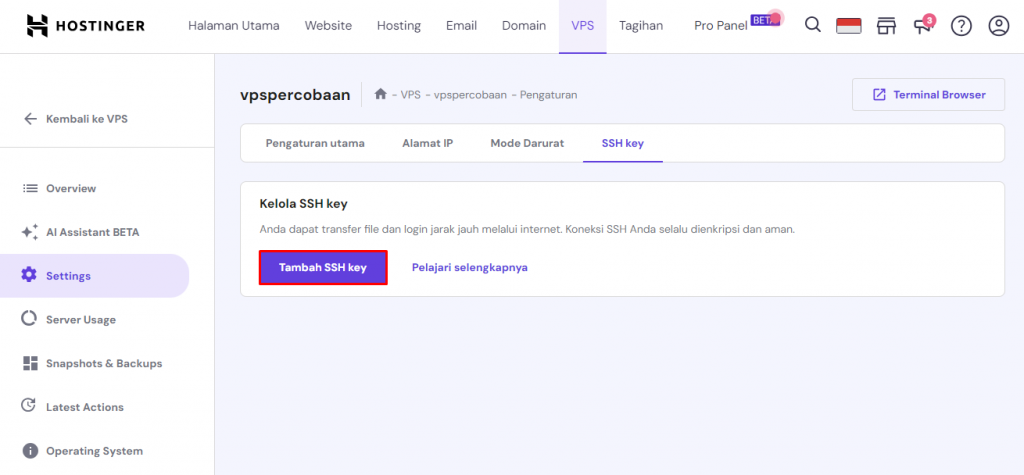 menambahkan ssh key di hpanel