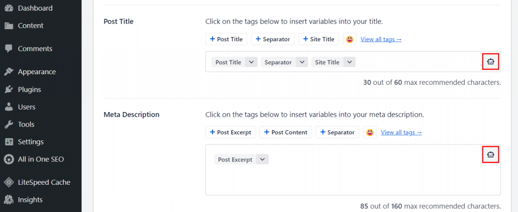 bagian post title dan meta description aioseo
