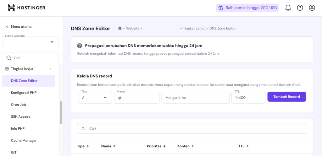 tampilan halaman utama dns zone editor hpanel