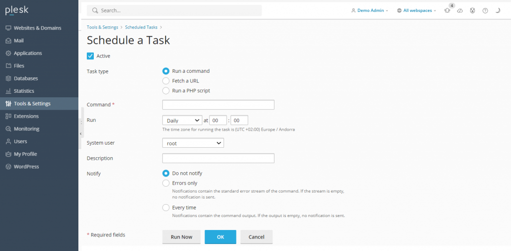 menu pengaturan tugas terjadwal Plesk