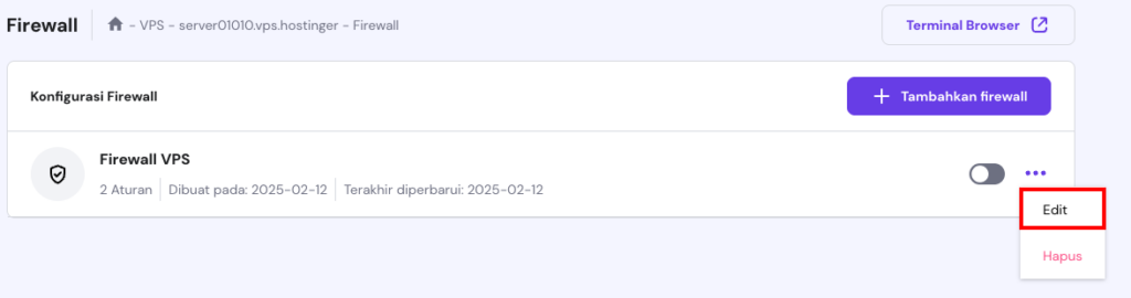 tampilan bagian firewall di hpanel dengan tombol edit yang dipilih