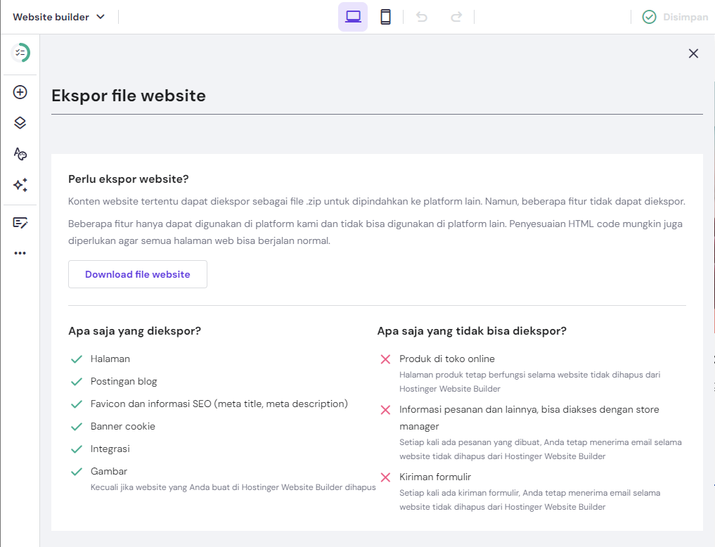fitur ekspor file website di hostinger website builder