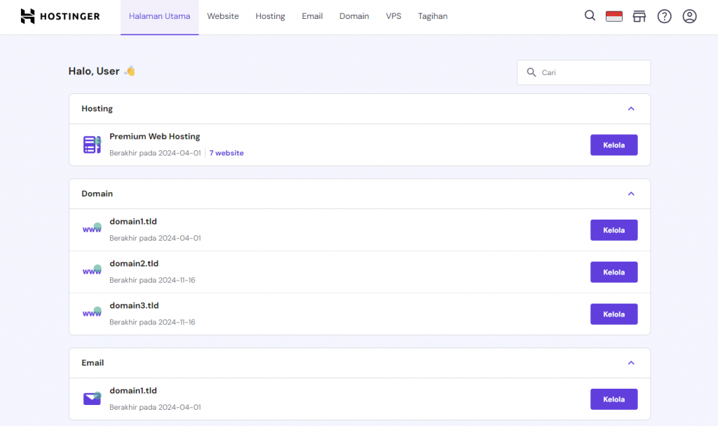 tampilan halaman utama hpanel hostinger