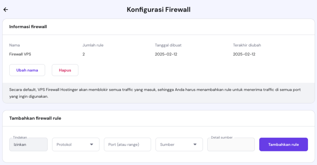 tampilan bagian konfigurasi untuk menambahkan aturan firewall vps di hpanel