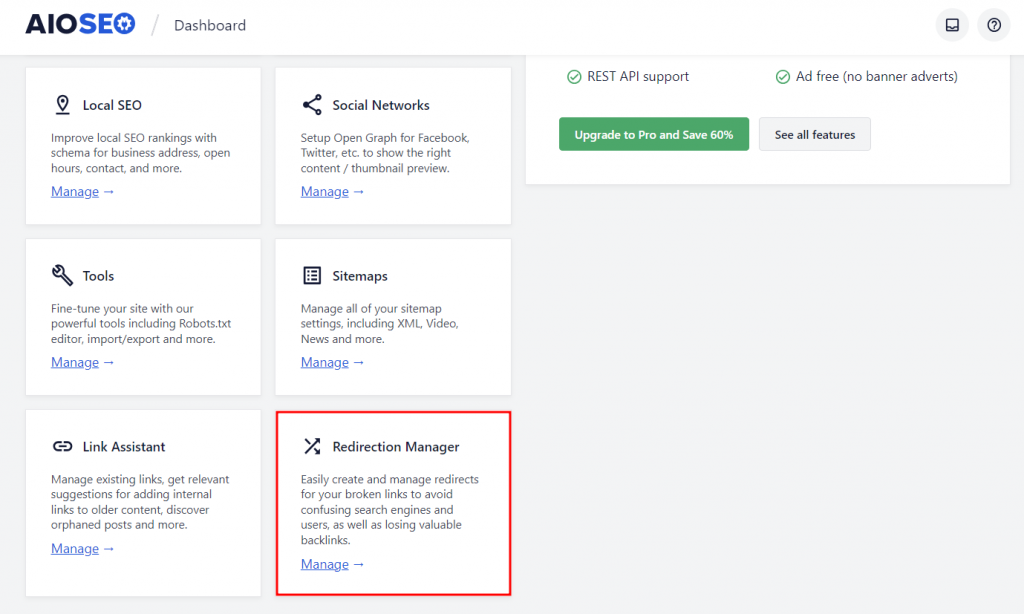 tab redirection manager di AIOSEO di WordPress