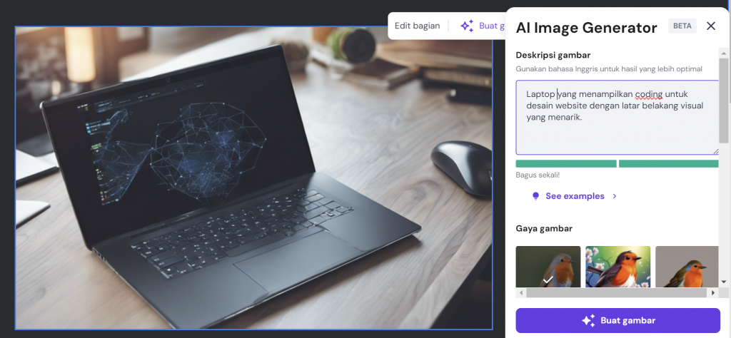 fitur ai image generator di website builder hostinger
