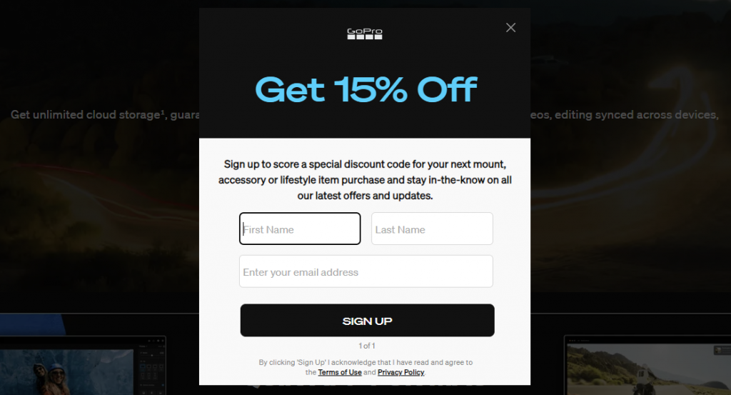 halaman gopro menampilkan popup diskon untuk berlangganan email