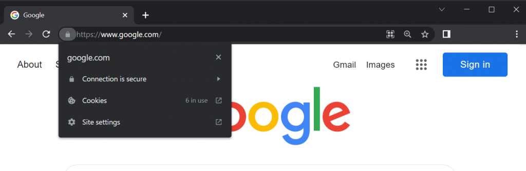 informasi koneksi aman yang menunjukkan bahwa sertifikat valid di google chrome