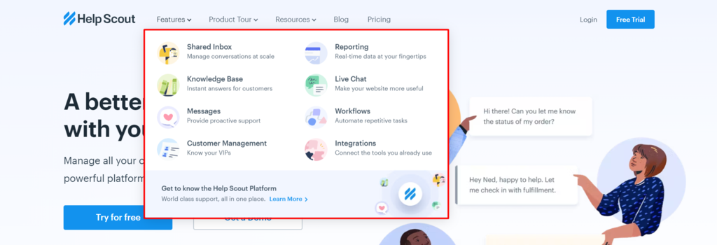 item menu Help Scout menampilkan judul dan deskripsinya