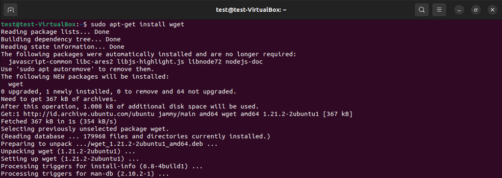 jendela terminal menampilkan proses penginstalan wget
