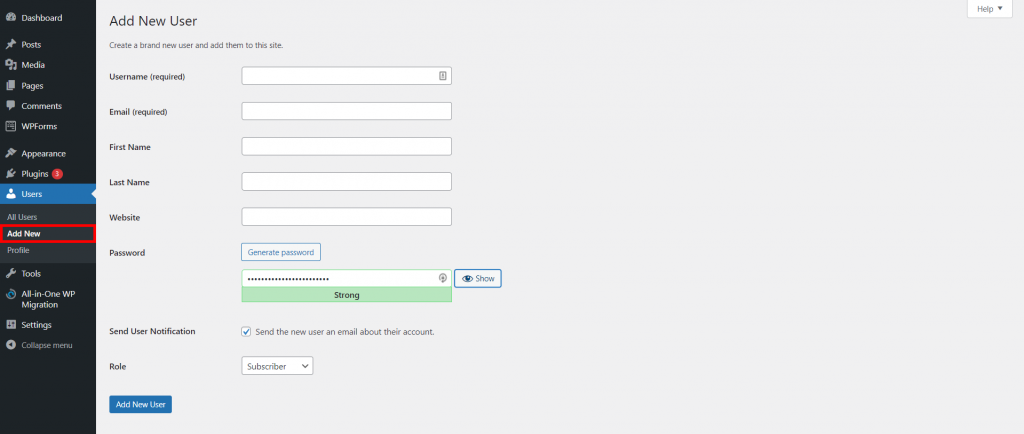 menambahkan user baru di dashboard WordPress