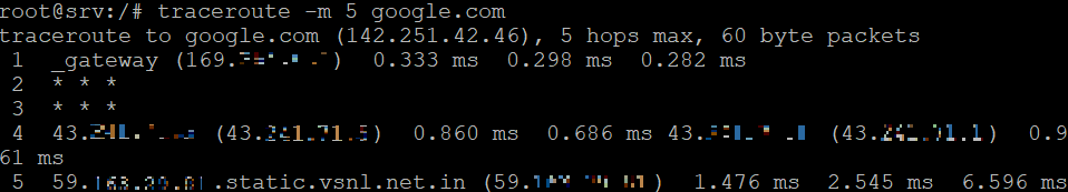 perintah linux traceroute memantau paket dengan lima lompatan ke google