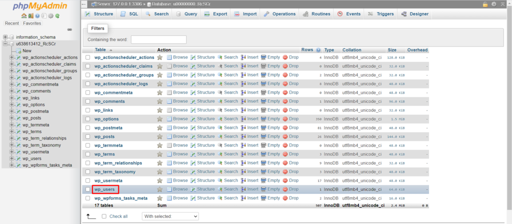 tabel Database di dashboard phpMyAdmin