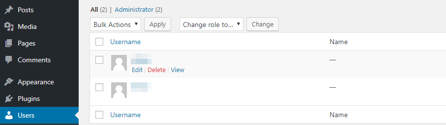 tombol Delete untuk menghapus user dari WordPress
