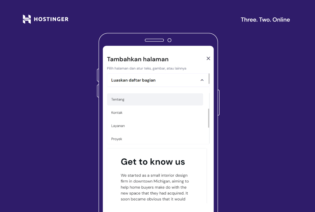 memilih menu tambahkan halaman untuk membuat website dari hp