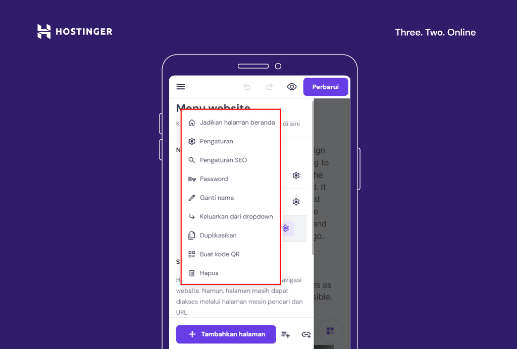 mengatur konfigurasi halaman di mobile editor hostinger website builder