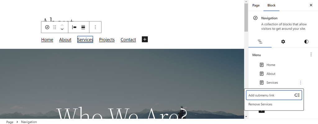 menambahkan submenu di wordpress navigation block