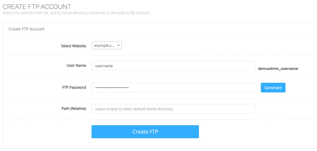 menu untuk membuat akun FTP di CyberPanel
