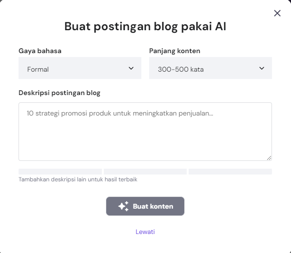 tampilan ai content generator hostinger untuk membuat konten