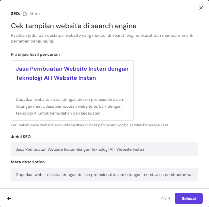 hasil yang diberikan oleh seo assistant hostinger builder