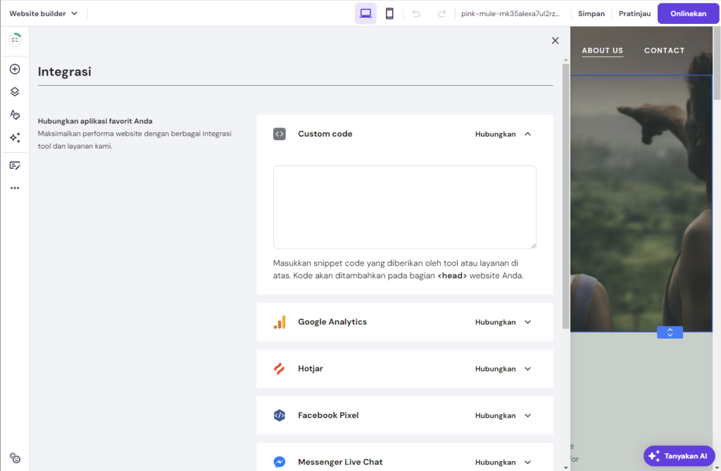 tampilan website builder hostinger menunjukkan integrasi yang tersedia