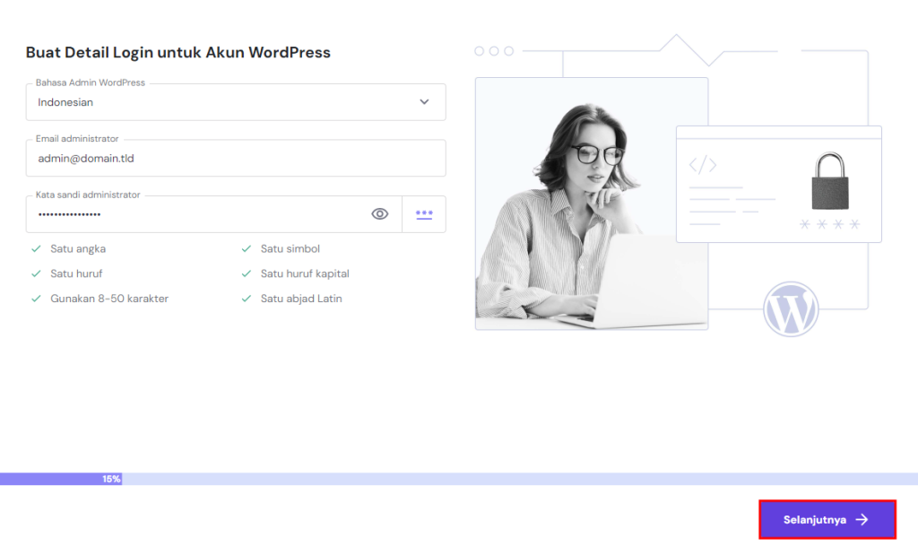 memasukkan detail login wordpress untuk bikin website baru