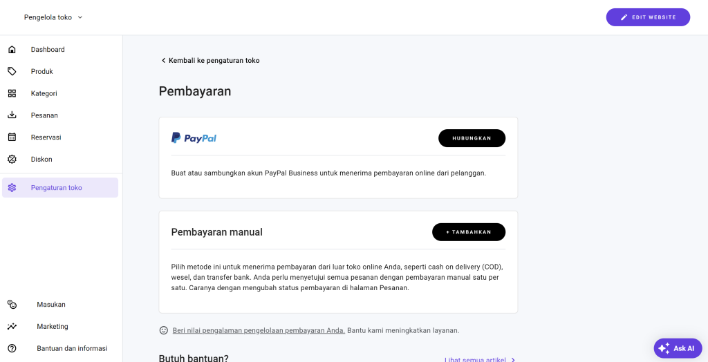 memilih metode pembayaran di pengelola toko builder