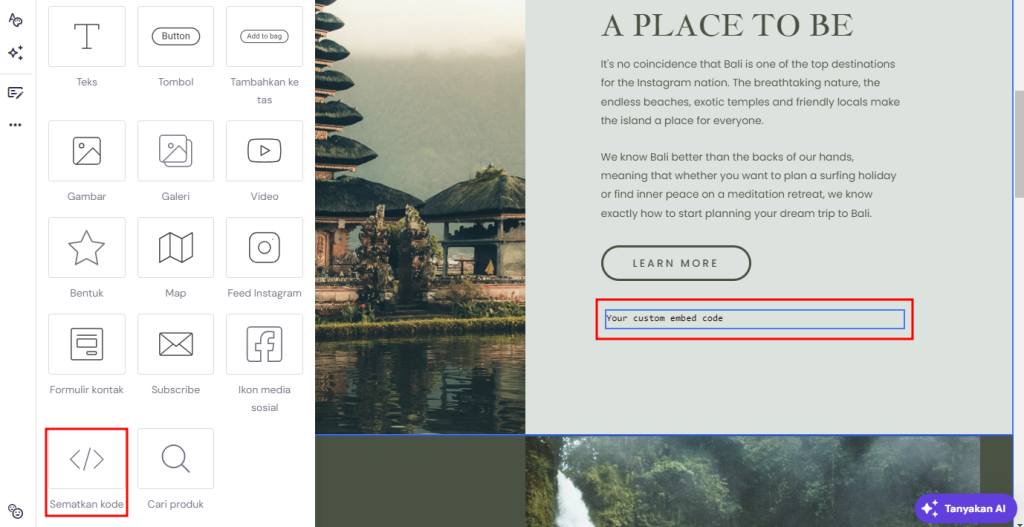 tampilan elemen sematkan kode di website builder hostinger